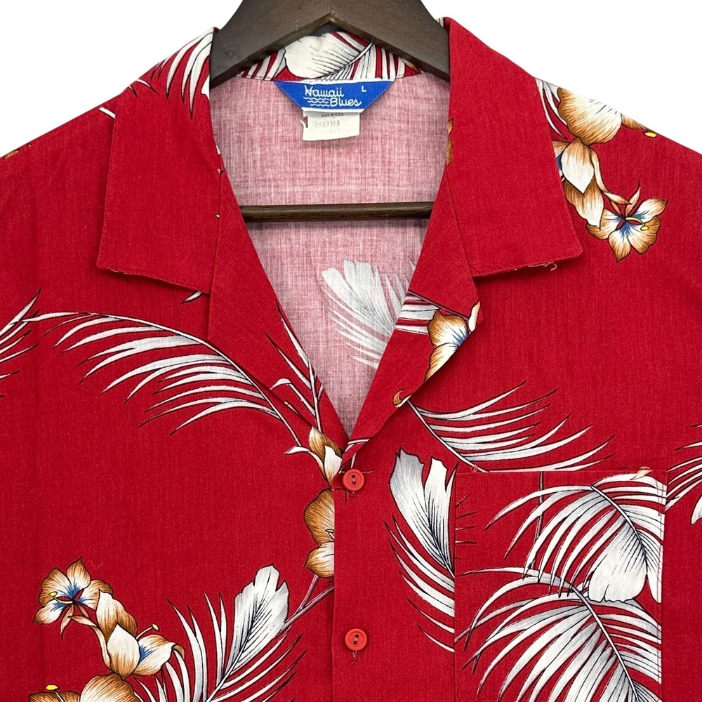 VTG Hawaii Blues Red Tropical Floral Palm Print Button Down Shirt SZ L USA Made